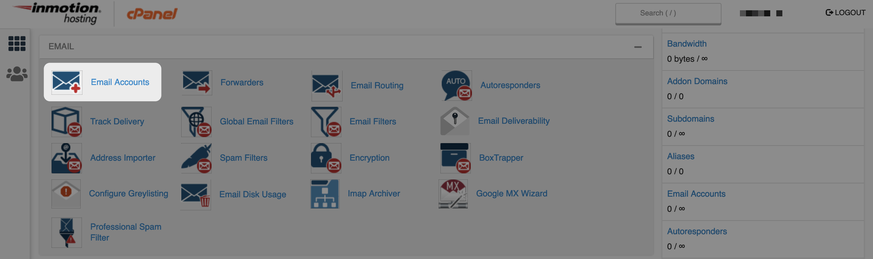 La opción Cuentas de correo electrónico en cPanel.