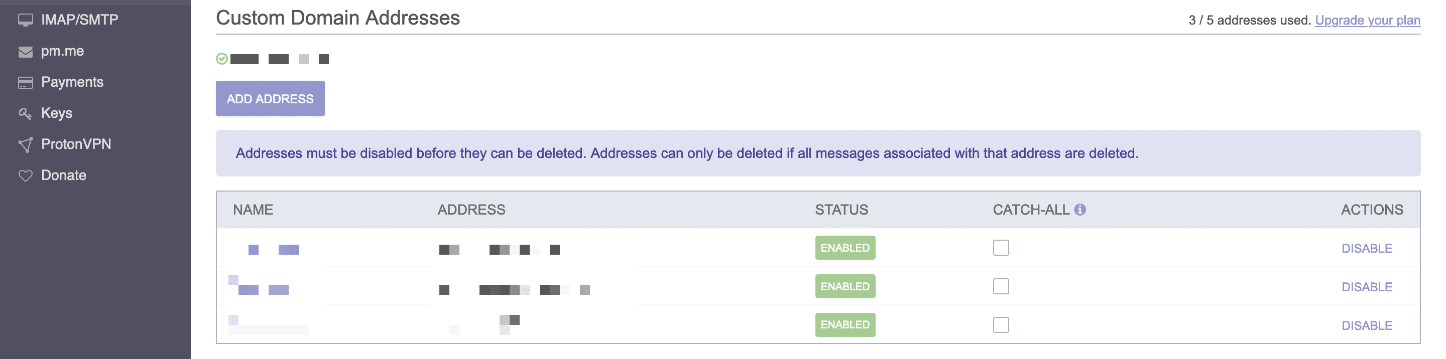Pantalla de direcciones de dominio personalizadas de Protonmail.