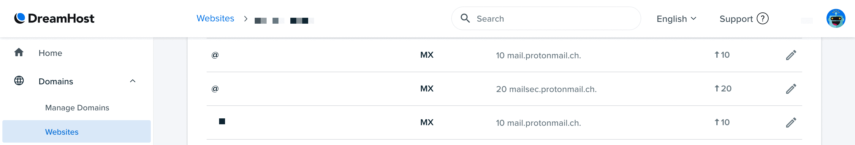 Registros MX de DreamHost.