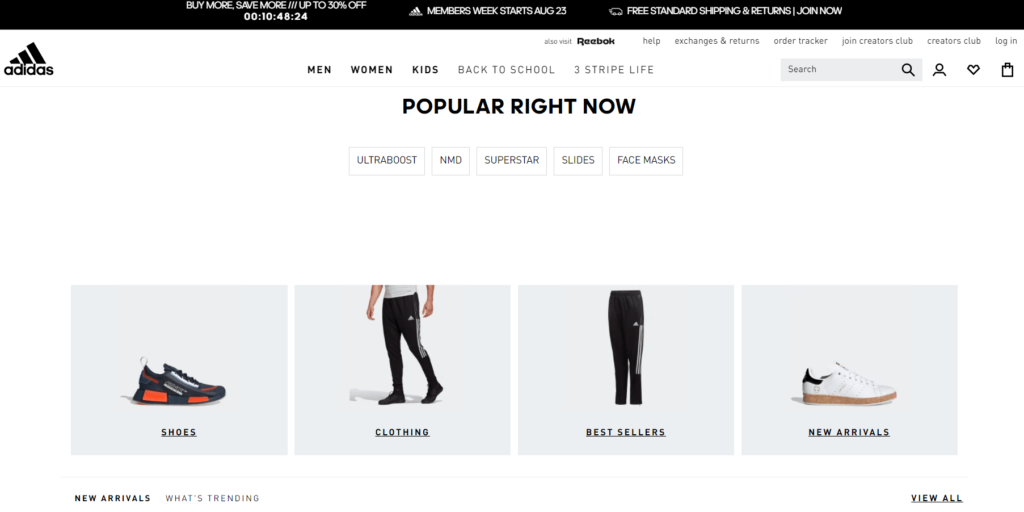 The Adidas online store homepage.